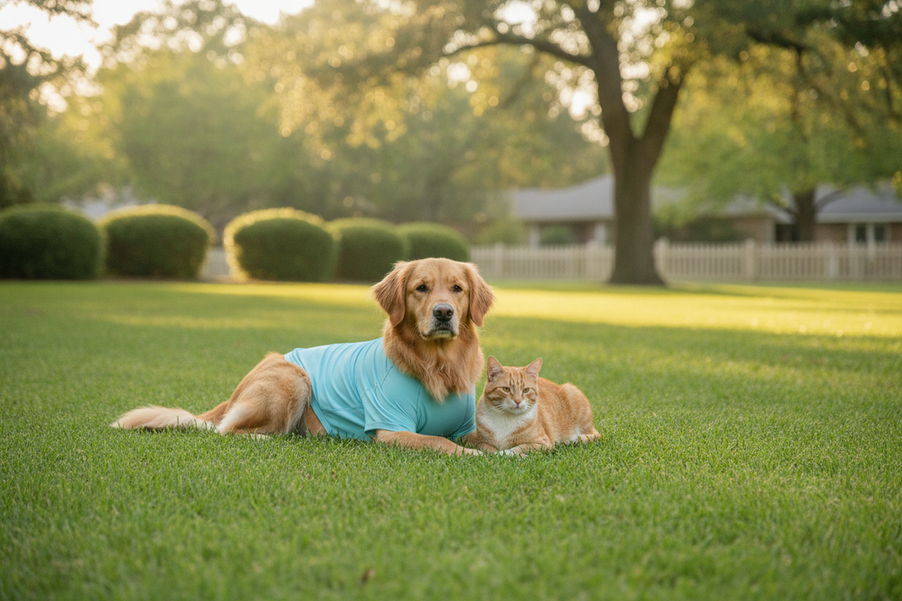 Dog and cat together in a sunny outdoor pet scene, with the dog wearing a sun shirt that covers the torso while the cat sits nearby