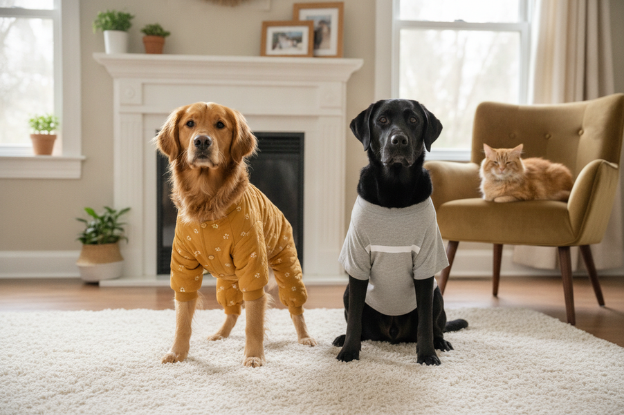 Dog and cat together in a cozy indoor scene showing full-body pet coverage versus a lighter shirt layer