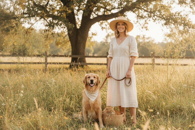 A dog and owner in coordinated family photo outfits outdoors, with complementary colors and a polished but relaxed look