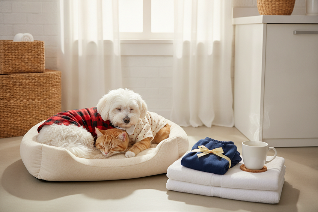 Dog pajamas and cat clothing laid out with a clean backup outfit, ready for a quick overnight wash decision