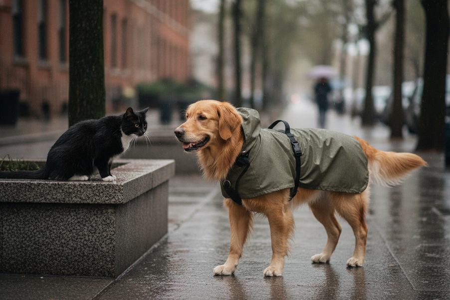 Dog and cat wearing rainwear together on a leash walk, showing a pet coat that leaves a harness opening visible and allows easy outdoor movement on a wet sidewalk.