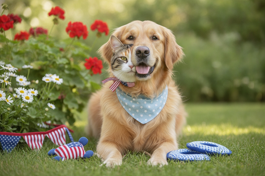 Dog and cat together in a festive patriotic pet outfit for a 4th of July photo on a bright summer day