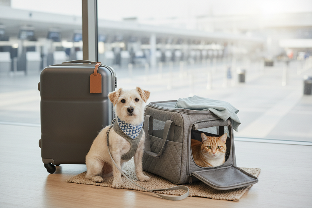 Dog in a light travel shirt standing beside a carrier and harness on a luggage cart