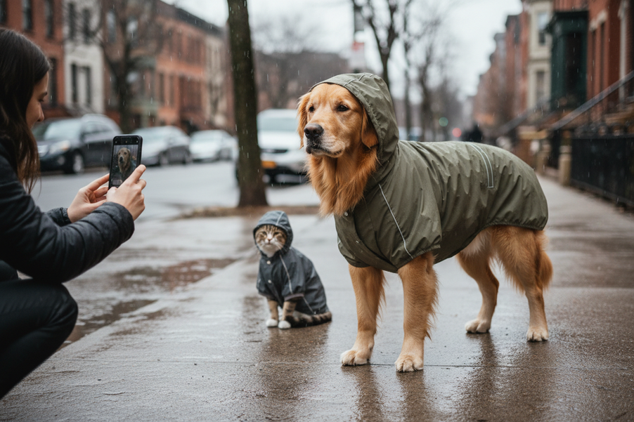 A dog and a cat wearing rain gear on a city sidewalk, shown in a realistic shopping-style scene that suggests measuring and fit checking before buying a dog rain jacket.