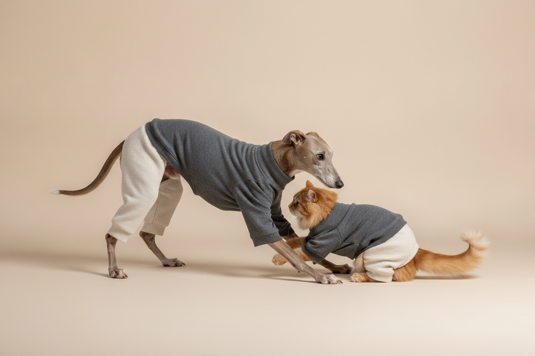 Dog and cat wearing coordinated pet clothes in a clean studio scene, showing a long-bodied dog fit check and close companion styling