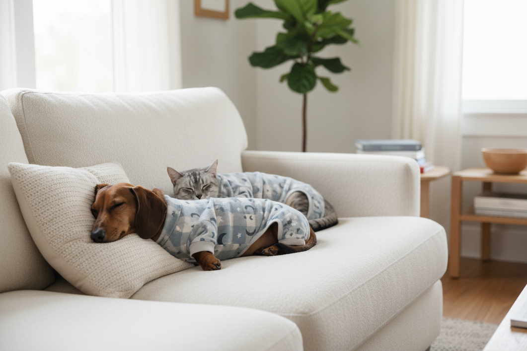 Dachshund and cat in cozy pet pajamas sitting together on a couch, full-body view, warm home scene