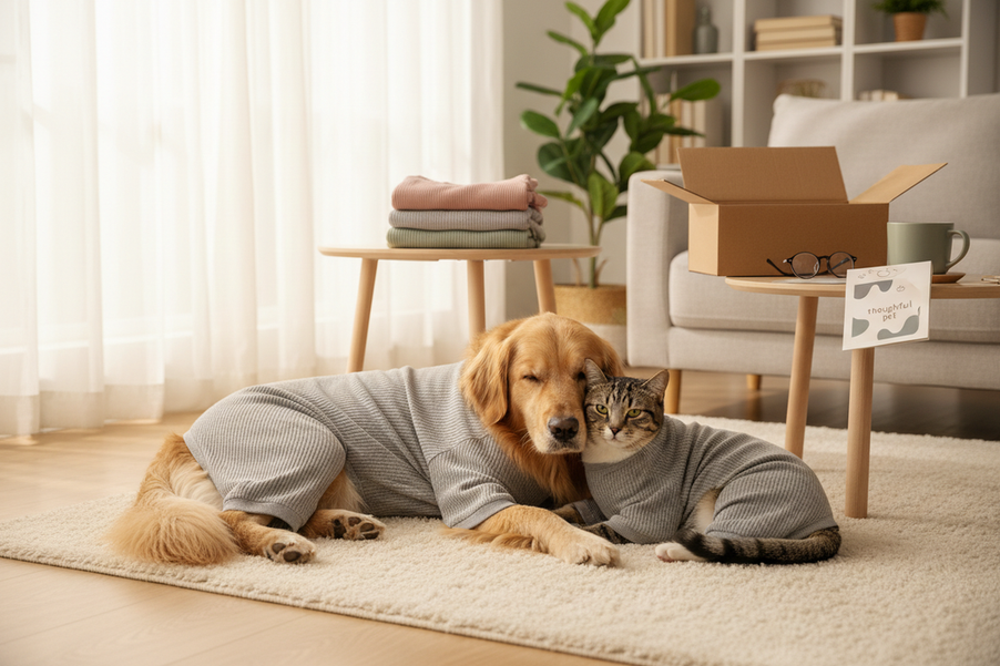 Dog and cat wearing cozy pet pajamas, shown as a general ecommerce-style hero image for checking fit and fabric care before buying