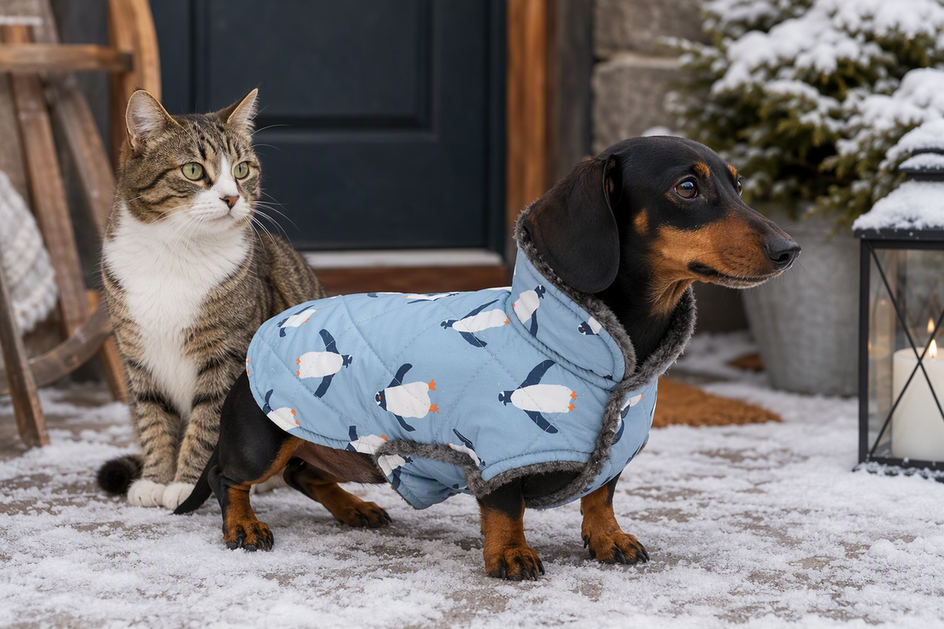 Dachshund wearing a winter coat with its low chest and belly covered while standing beside a cat in a snowy entryway.