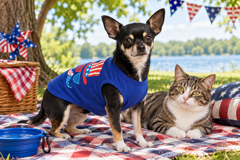 Dog wearing a patriotic tank beside a cat at a shaded summer picnic with water nearby.