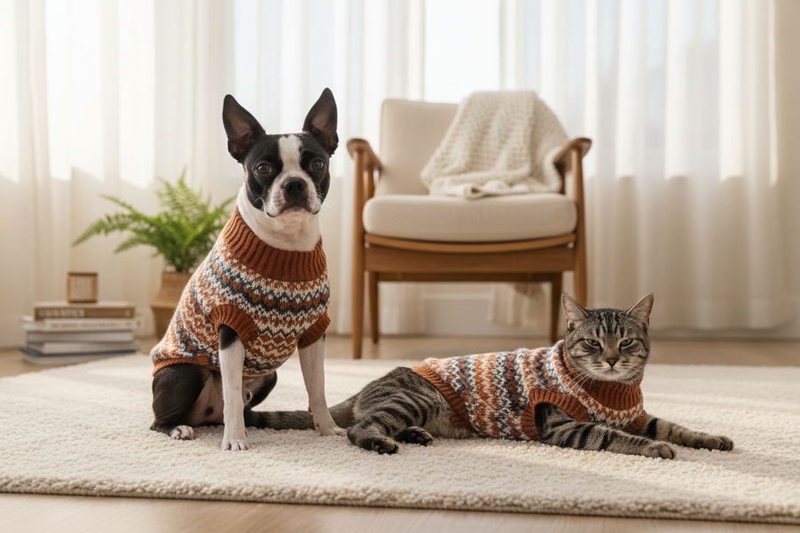 Boston Terrier and cat wearing coordinated pajamas in a cozy home setting