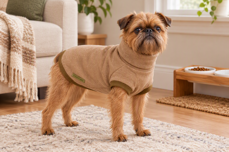 Brussels Griffon wearing a dog sweater in a cozy home setting near a feeding area