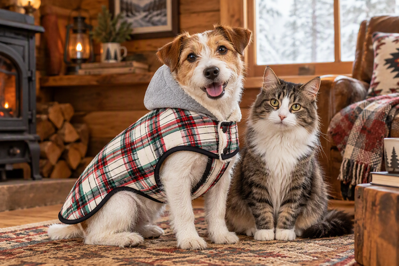 Small dog wearing a plaid winter coat beside a cat in a cozy rustic cabin setting