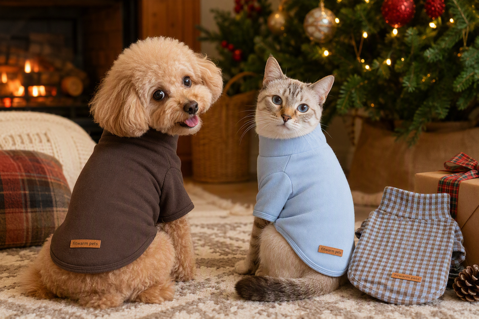 Small dog and cat wearing coordinated check and solid fleece sweaters beside a folded sweater in a softly decorated holiday room