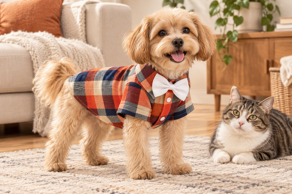 Dog wearing a buffalo check shirt indoors with a cat nearby in a relaxed home setting.