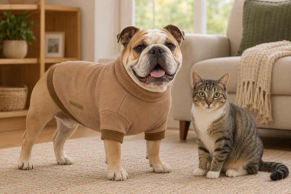 English Bulldog wearing a dog sweater beside a cat in a warm indoor setting