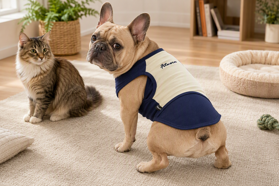 French Bulldog wearing a dog shirt beside a cat in a bright home, with the shirt’s rear hem visibly clear of the tail pocket.