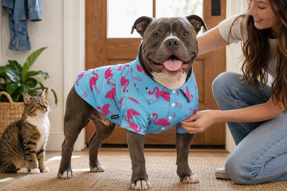 Stocky bully-breed dog wearing a closed button-front shirt while a person checks the chest fit, with a cat nearby.