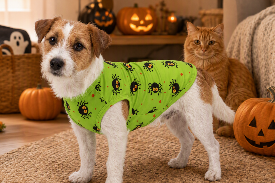 Dog wearing a Halloween character tee in a festive fall setting