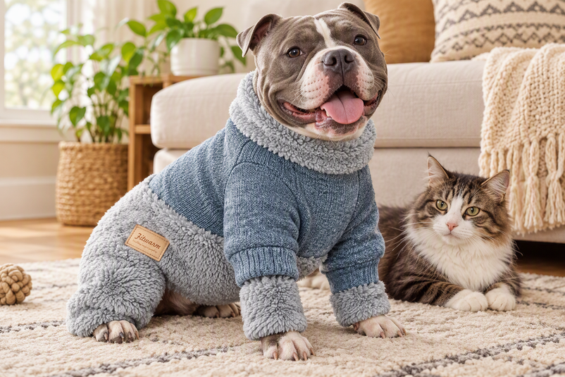Bully breed dog wearing a dog sweatshirt beside a cat in a cozy home setting