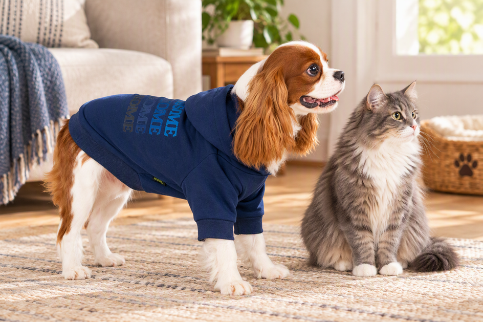 A dog wearing a hooded sweater stands beside a cat in a bright home setting, with the sweater collar visible around the dog's neck.