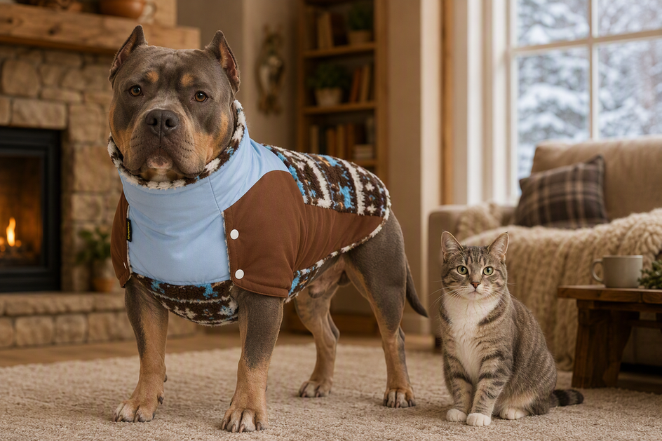 A muscular, broad-chested bully breed dog wearing a winter coat beside a cat in a cozy winter room.