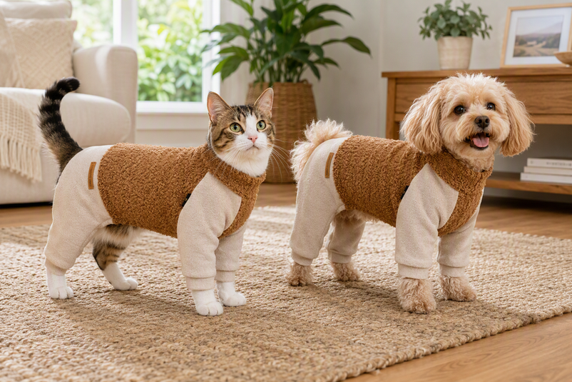 Cat and small dog wearing full-coverage pajamas together in a bright home setting, showing the difference in how the garments sit on each animal.