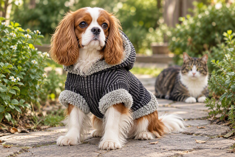 Cavalier King Charles Spaniel wearing a hooded sweatshirt outdoors beside a cat on a clean garden path.