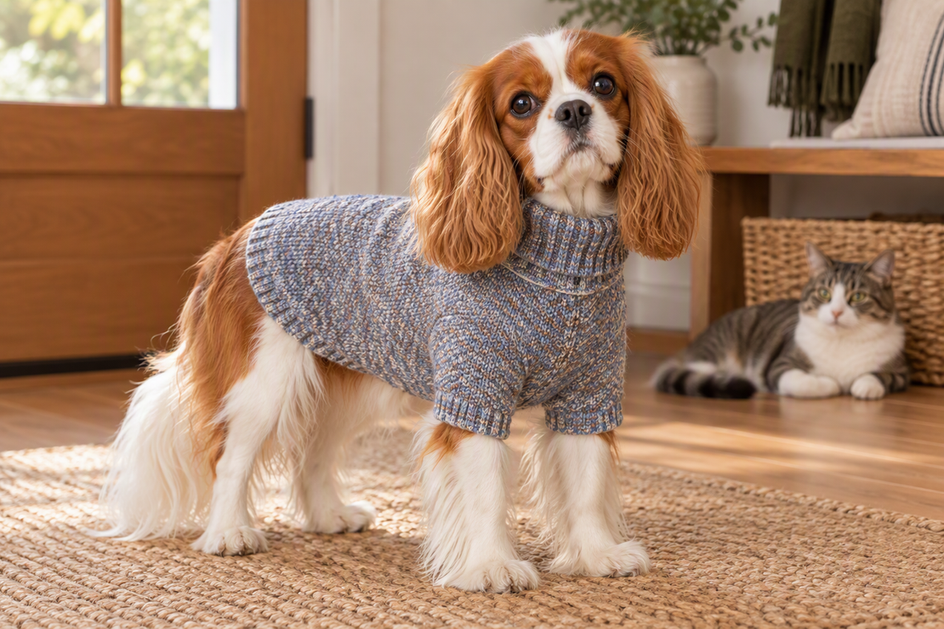Cavalier King Charles Spaniel wearing a dog sweater indoors beside a relaxed cat, with the dog's long ear and chest feathering clearly visible.