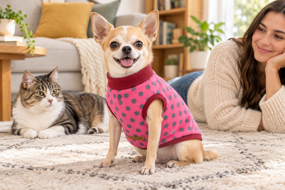 Chihuahua wearing a sweater indoors while a cat rests nearby and an owner watches calmly