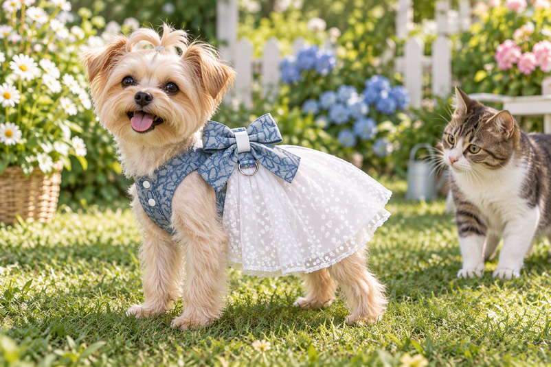 Small dog wearing a dress beside a cat in a sunny garden