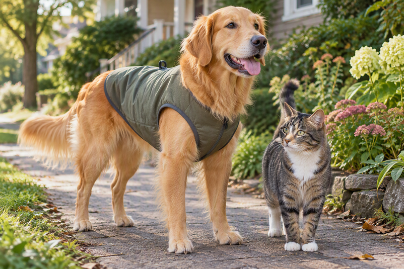 Dog wearing a sleeveless walking vest outdoors while a cat stands nearby on a residential path