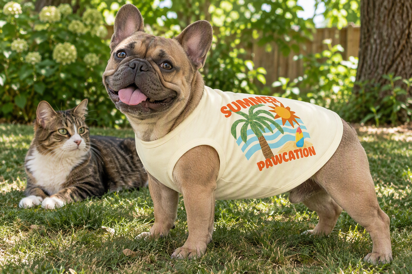 French Bulldog wearing a summer shirt in a shaded yard with a cat nearby