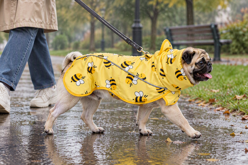A Pug wearing a rain jacket on a wet park path during a light shower