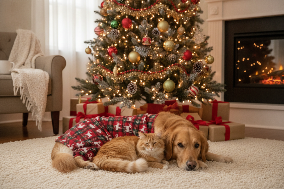 A cheerful dog in festive Christmas pajamas poses with a cat beside a decorated Christmas tree for a holiday photo.