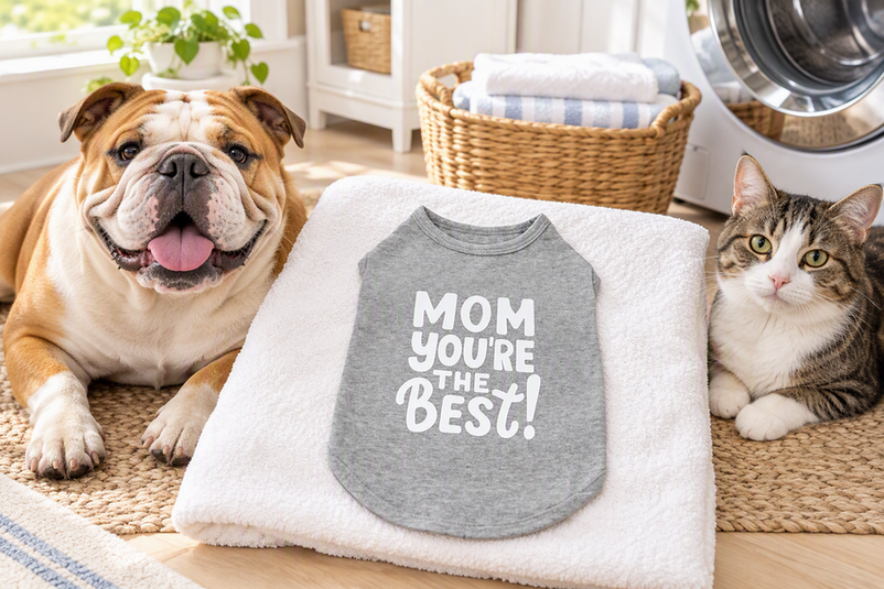 An English Bulldog and a cat beside a clean dog shirt in a bright laundry area, with the shirt resting on a towel for inspection.