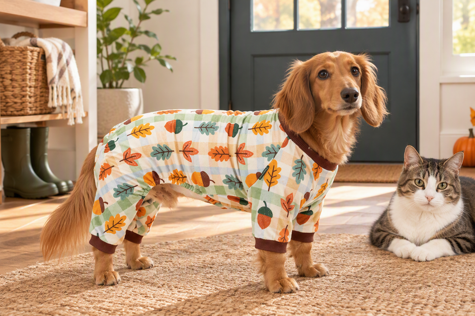 Long-bodied dog wearing full-coverage clothing indoors with a cat nearby, showing the garment's overall fit along the back and torso.