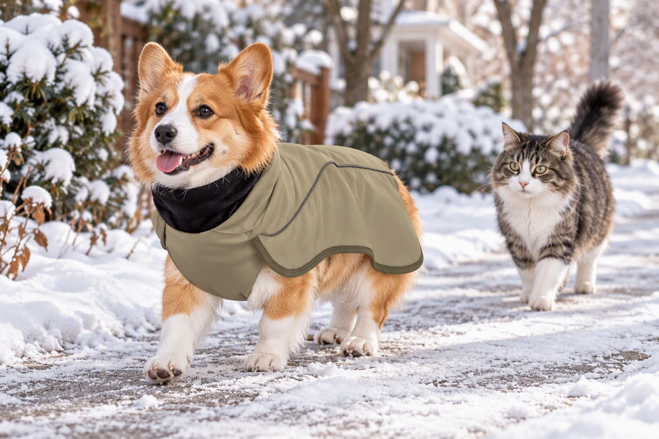 Corgi wearing a winter dog jacket on a snowy walk with a cat nearby.