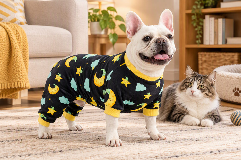 Corgi wearing four-leg pajamas while a cat rests nearby in a cozy home setting.