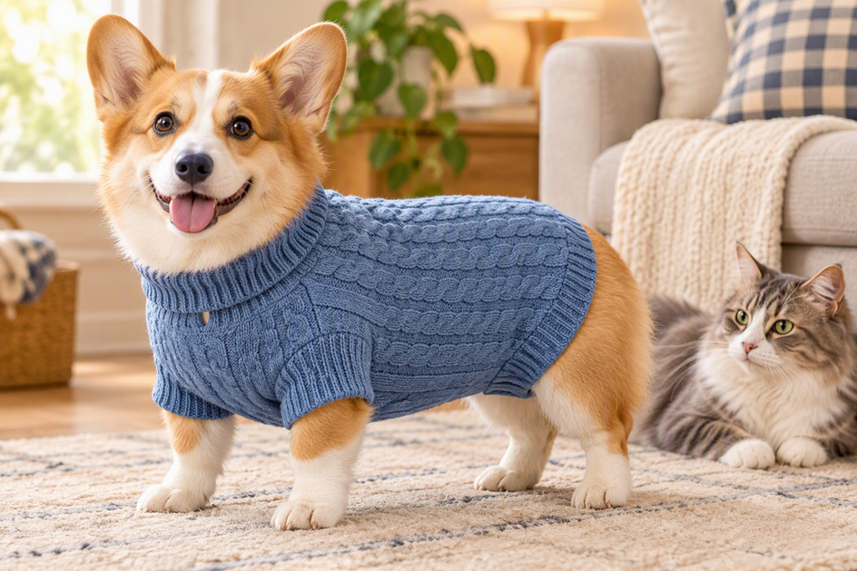 Corgi wearing a knitted dog sweater indoors while a cat sits nearby