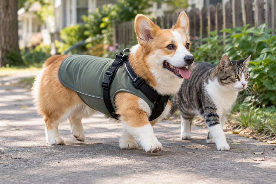 Corgi wearing a dog walking vest and harness on an outdoor path, with the vest lying smoothly along its long torso