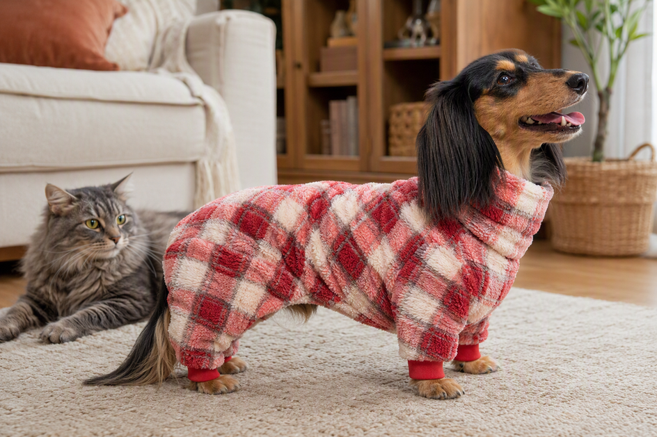 Dachshund wearing dog pajamas beside a cat in a comfortable home setting