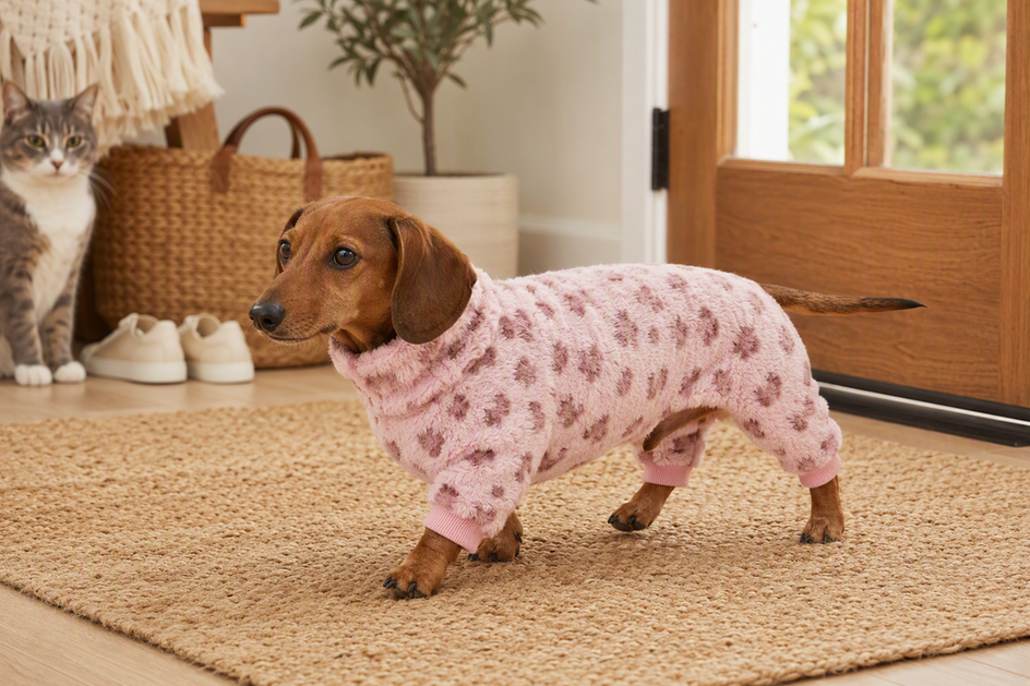 Dachshund wearing a full-body dog garment with the front-leg openings visibly clear of the paws while standing indoors.