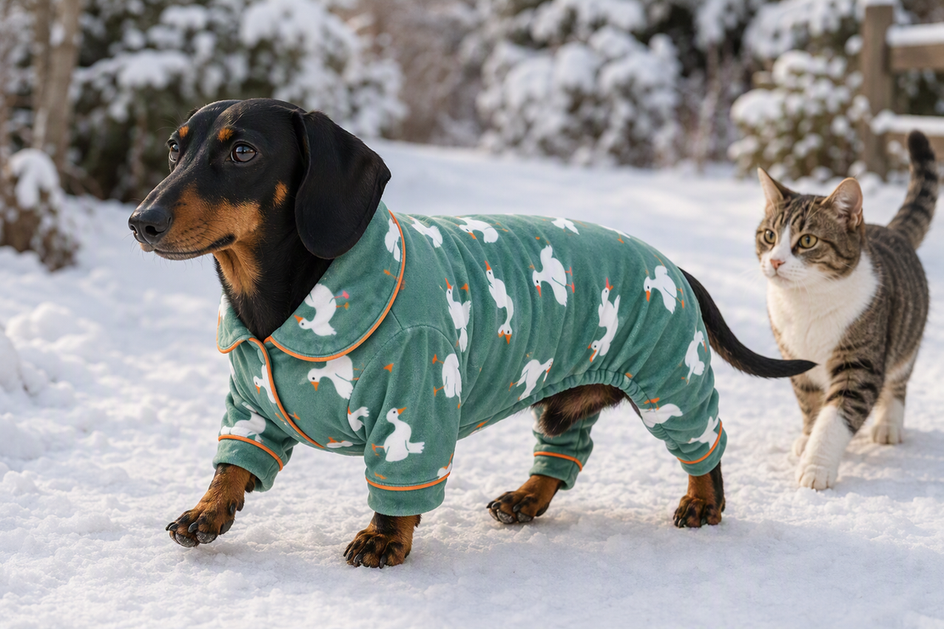 Dachshund wearing a full-coverage winter dog snowsuit outdoors with a cat nearby.