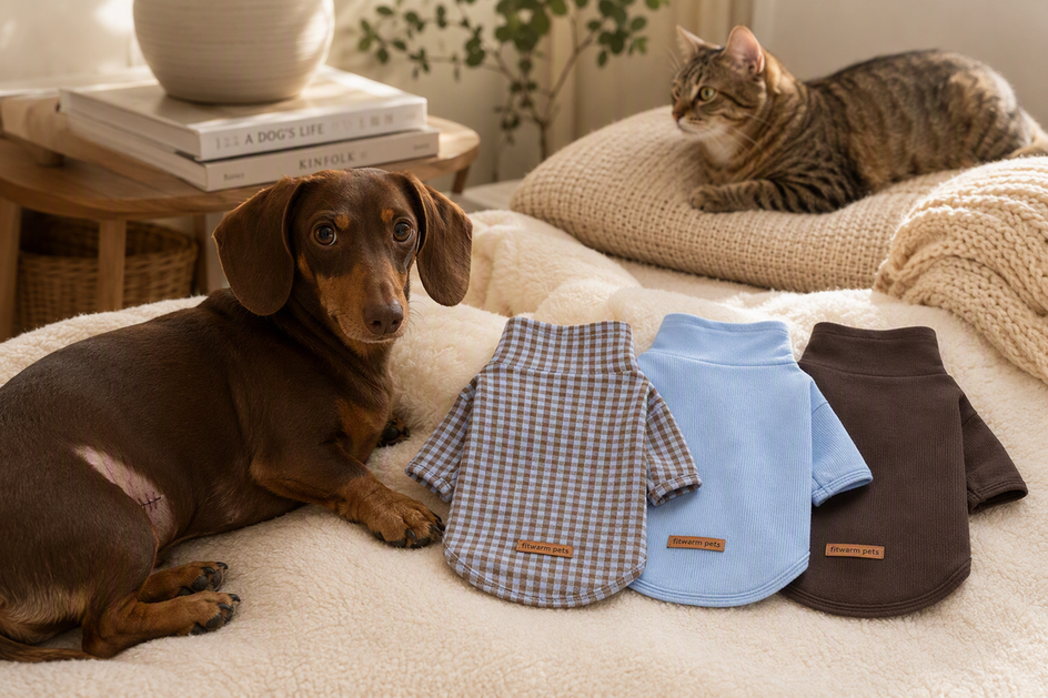 Dachshund beside a knit dog sweater on a calm home recovery setup, with a cat nearby.