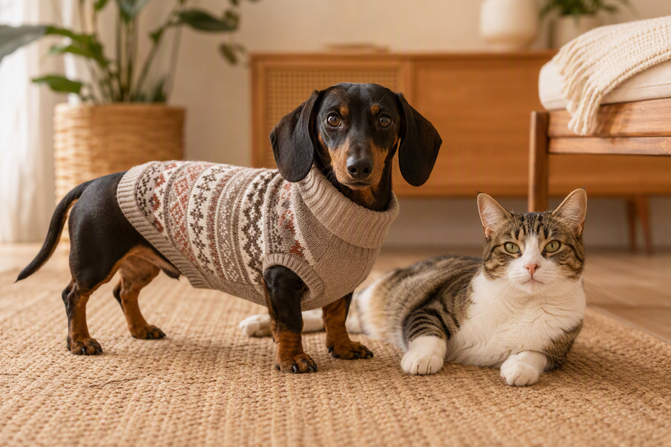 A Dachshund wearing a sweater stands beside a cat in a cozy indoor setting.