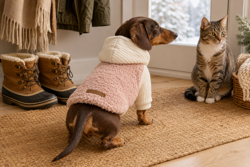 Dachshund wearing a dog sweater with its tail base clearly uncovered while a cat sits nearby indoors