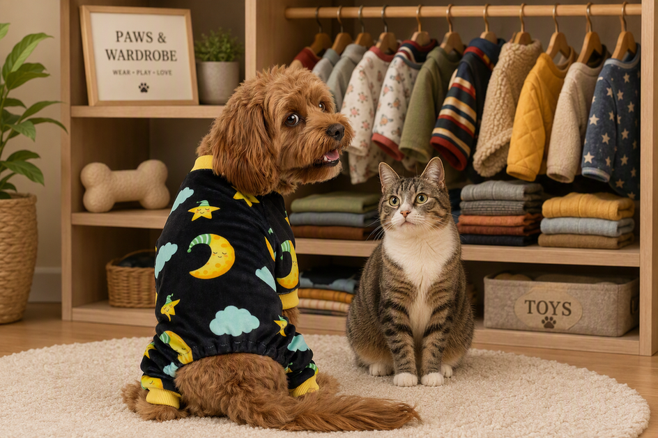 A dog wearing designer pajamas beside a cat in front of an organized closet of seasonal pet clothes