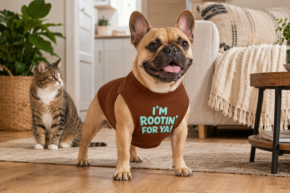 French Bulldog wearing a dog shirt beside a cat in a bright home setting.