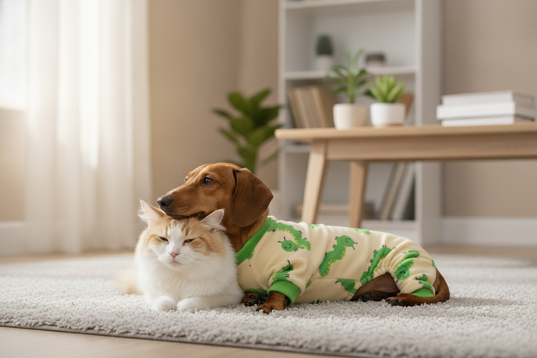 A small dog and cat wearing full-coverage pet pajamas together in a bright home setting