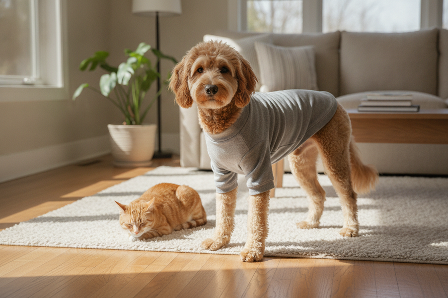 A freshly groomed dog wearing a comfortable garment beside a relaxed cat in a bright home, illustrating a post-grooming clothing fit check.
